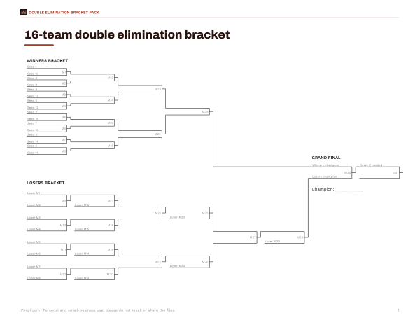 Preview of Printable 16-Team Double Elimination Bracket